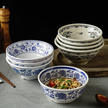 Creative A5 Melamine Round Noodle Bowl, Restaurant Commercial Tableware, Blue and White Imitation Porcelain Large Bowl Wholesale, Blue and White Porcelain
