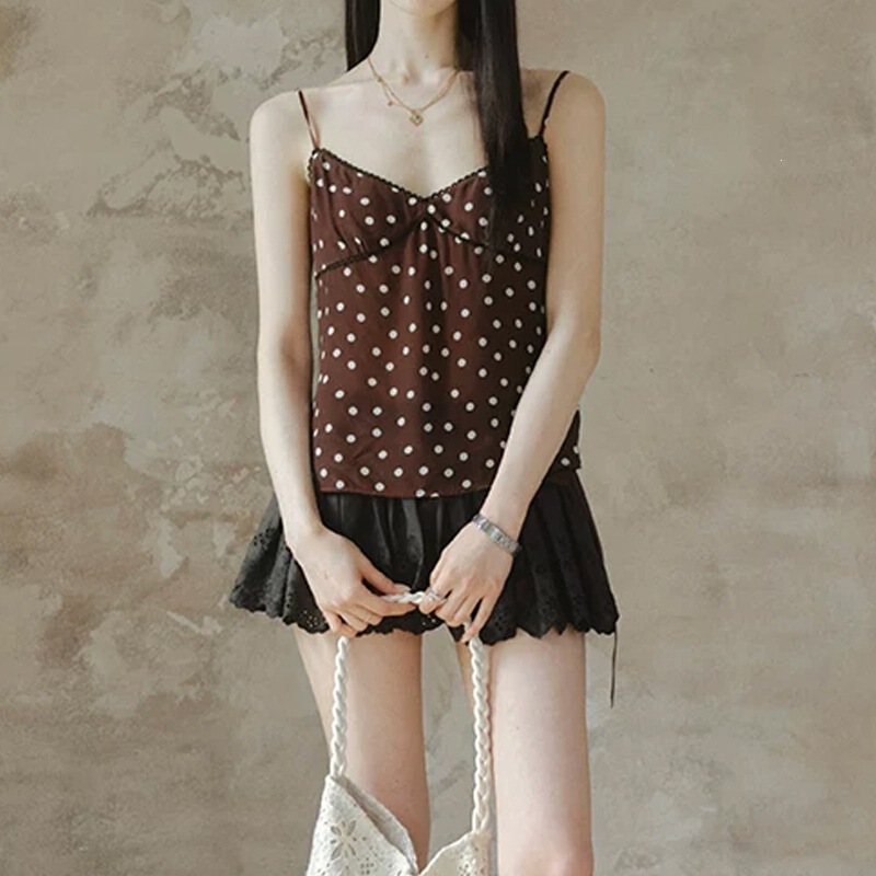 Đầm hai dây dáng ôm thắt eo phong cách tiểu thư thanh lịch — 【Áo hai dây - Họa tiết chấm bi】, 【Áo hai dây - màu xanh lá cà phê】, 【Đầm liền - Họa tiết chấm bi】, 【Đầm liền - Xanh lá cà phê】