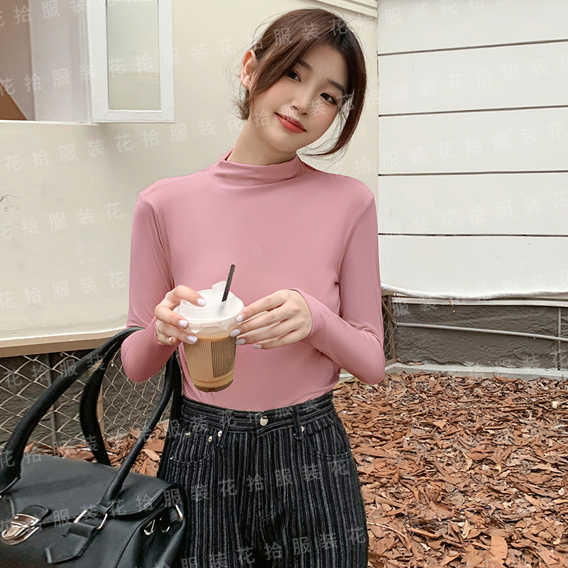 九色半高领打底衫女内搭春秋季长袖打底衣紧身T恤洋气百搭t恤修身