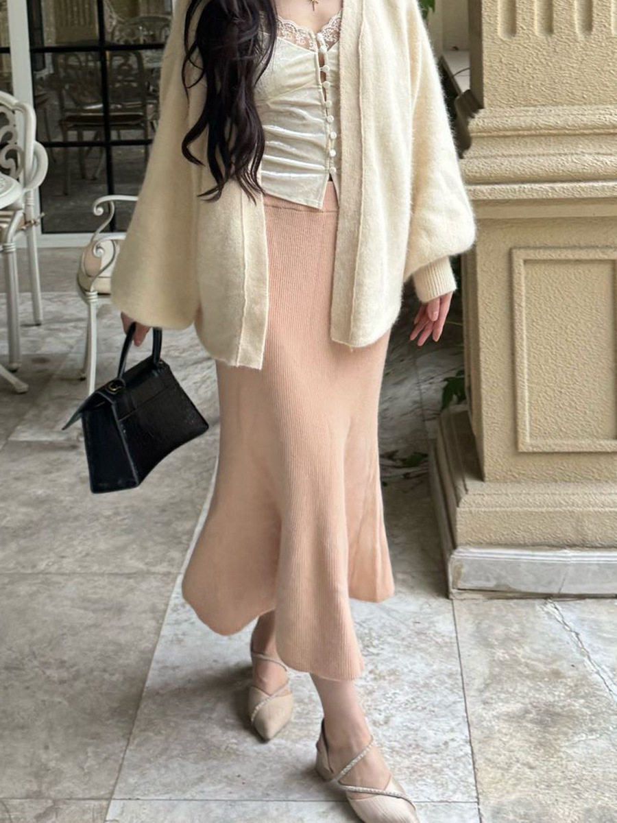 Slow Rhythm Small Proportion Rabbit Velvet Fishtail Knitted Skirt Women's Autum Elegant Pure Color Slim Straight Skirt Long Skirt