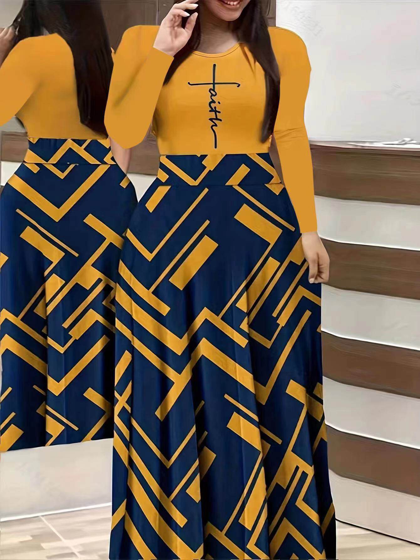 Women's Printed Casual Crew Neck Long-Sleeve Dresses