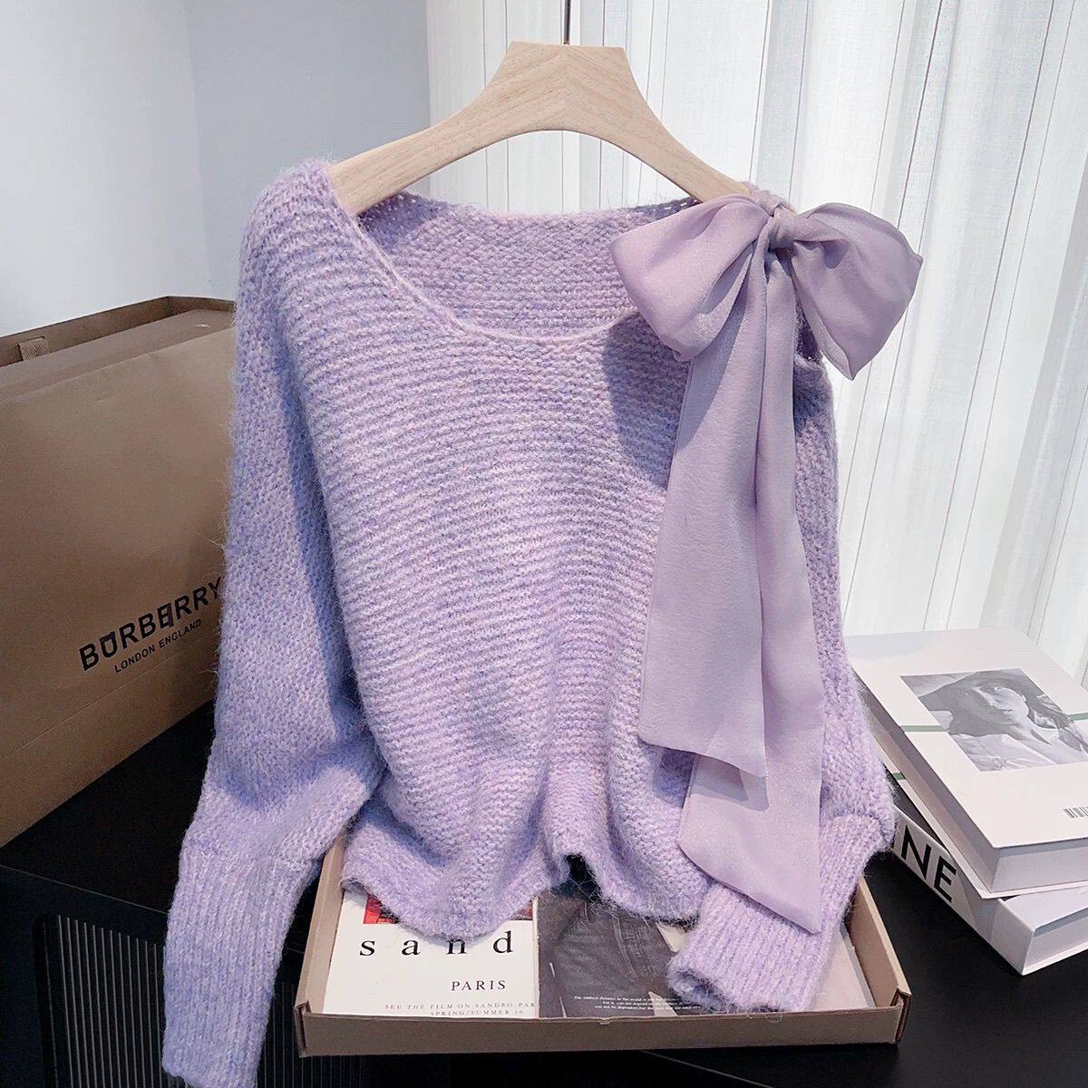 2025甜美风蝴蝶结设计感蝙蝠袖软糯毛衣女秋冬巨好看漂亮气质上衣