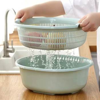 Multi-Functional Rice Washing and Draining Basket for Home Kitchen and Living Room, Double-Layer Plastic Sieve for Washing Vegetables and Fruits, Water Filtering Basket