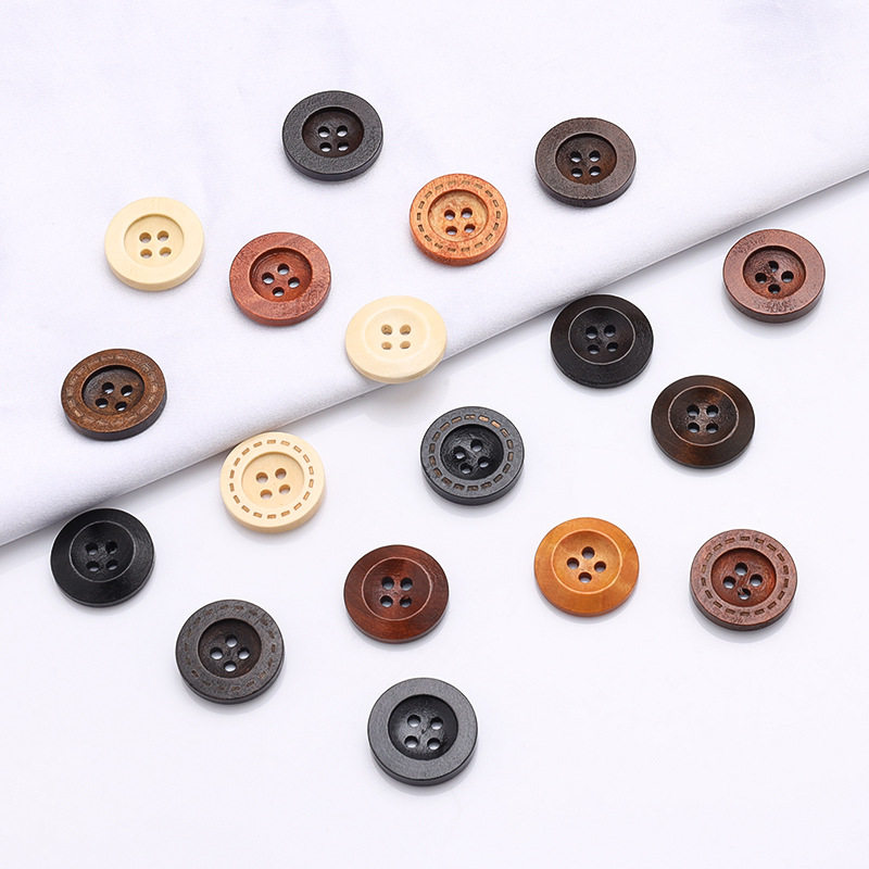 Factory Wholesale Natural Wood Buttons Wide Edge Thin Edge Round Four-Eye Wood Buttons Cardigan Jacket Round Edge Wooden Buttons