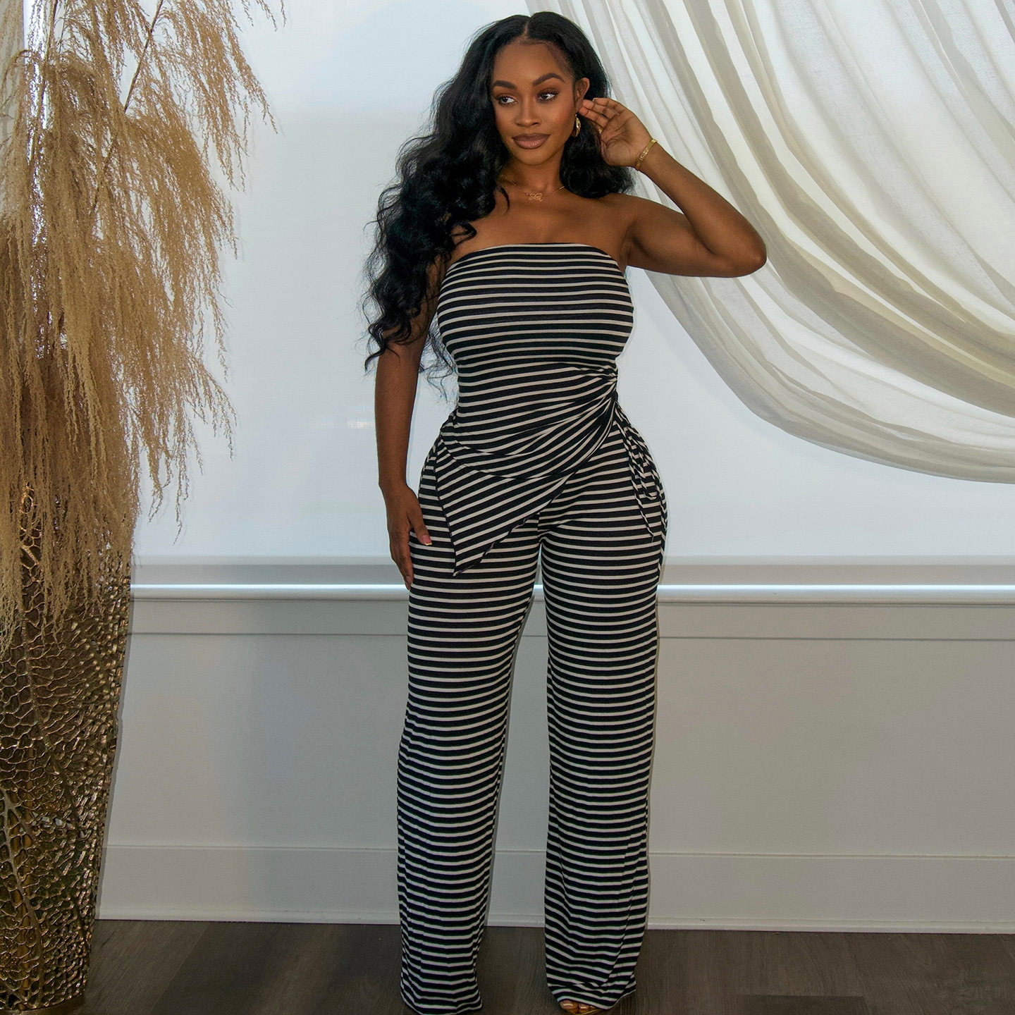 Summer Womens Fashion Vintage Striped Strapless Top and Casual Comfortable Long Pants Set Trendy Style for Everyday Wear