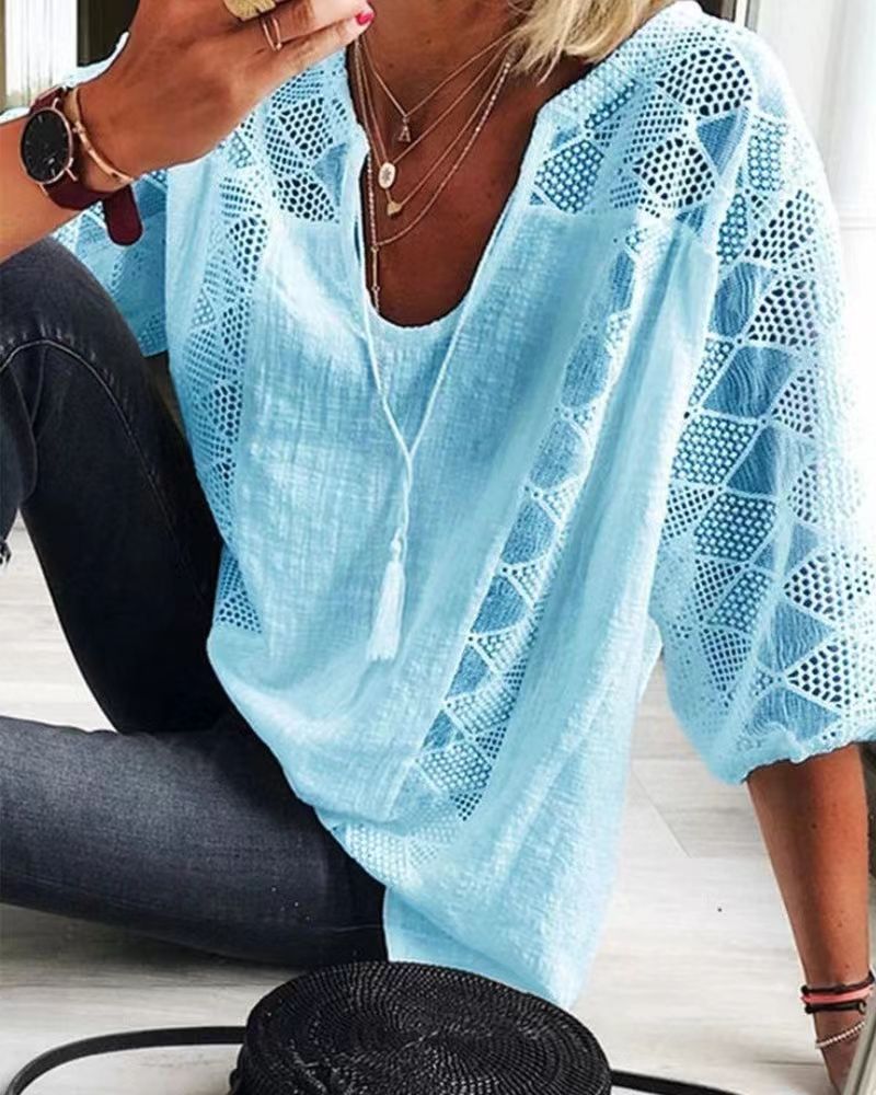 Lace Top Hollow Out Design U Neck Three Quarter Sleeve Casual Wear for Women Wholesale Available