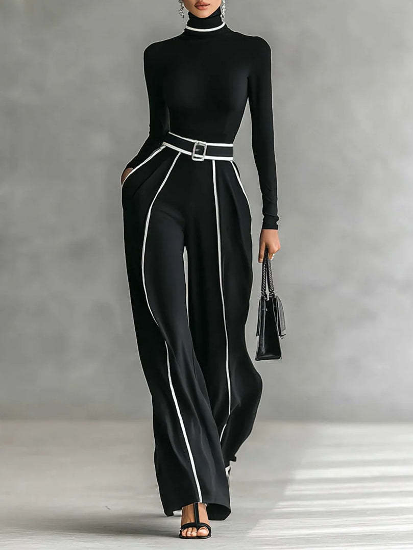 Womens Color Block Long Sleeve Top and High Waisted Wide Leg Pants Set Winter Collection Casual Chic Style Wholesale