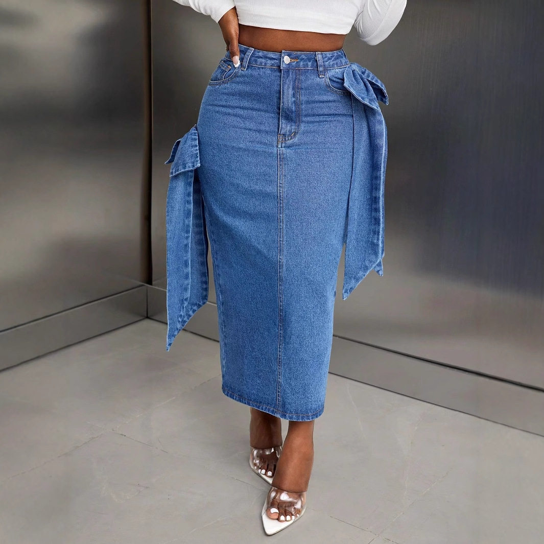 High Waisted Denim Skirt European and American Style Bow Design Color Block Casual Wear for Women Wholesale
