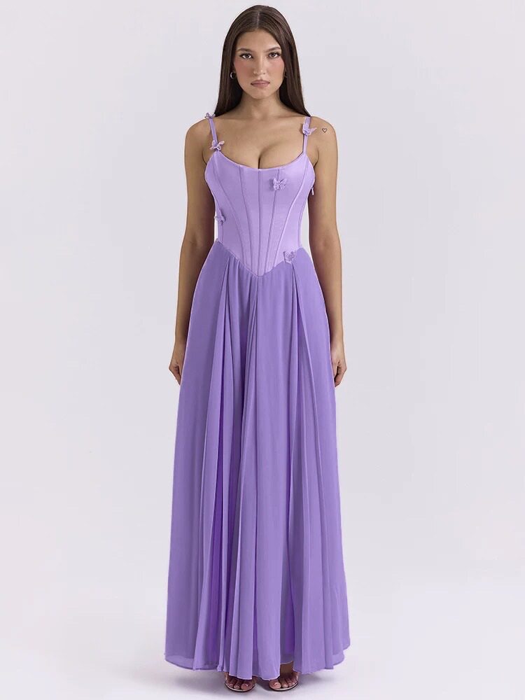 Elegant A Line Dress Solid Color 3D Butterfly Decoration Waist Defining Flared Skirt Perfect for Parties and Events