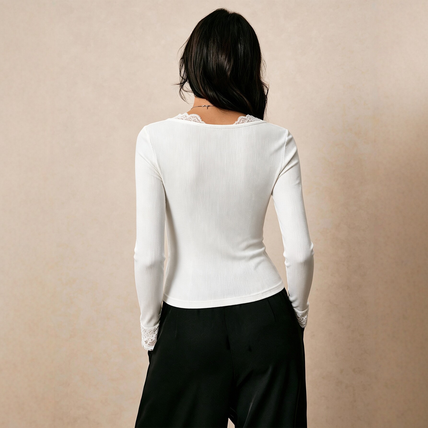 French Style V Neck Long Sleeve T Shirt for Women Lace Panel Bow Tie Slim Fit Casual Wear Available for Wholesale
