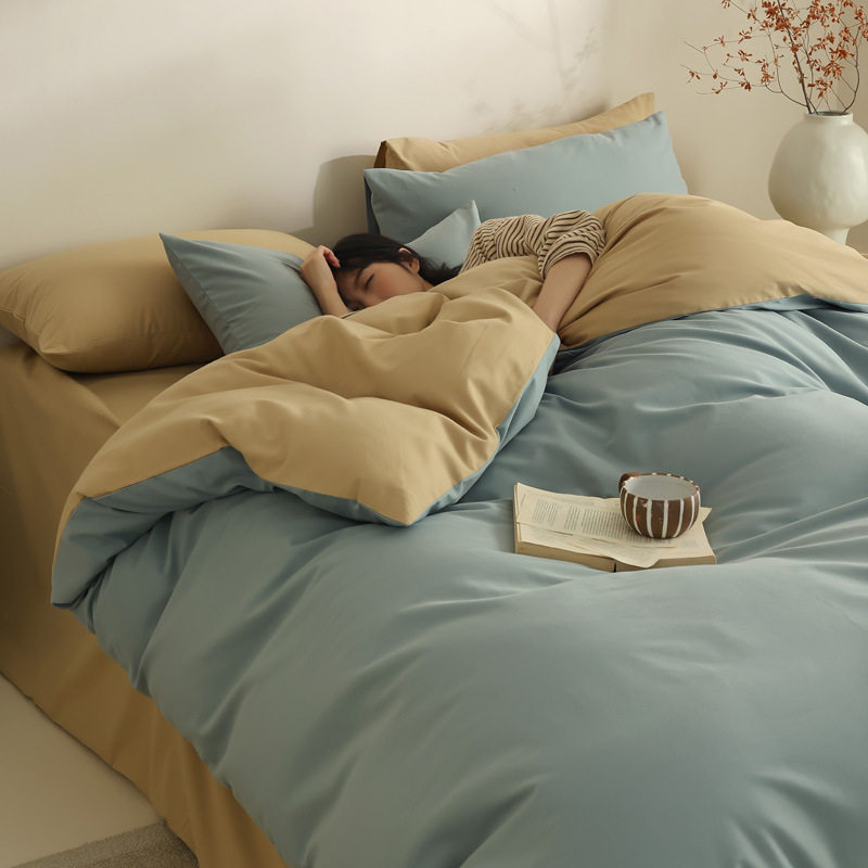 Japanese-style unprinted sanding 100 cotton four-piece set of good solid color light sanding bedding kit long-staple cotton