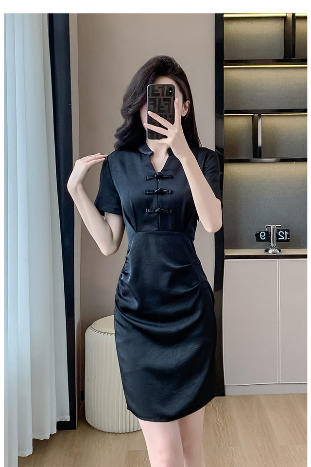 Váy Đầm Nữ Dáng Ôm Chiết Eo Phong Cách Trung Hoa Cổ Điển Màu Đen chi tiết 22
