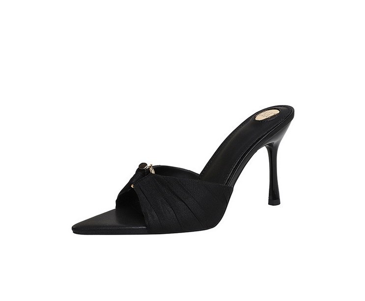 Sandal cao gót nữ mũi nhọn quai ngang chất liệu ren phối nhún, gót nhọn thanh mảnh — Họa tiết da báo, Màu be, màu đen