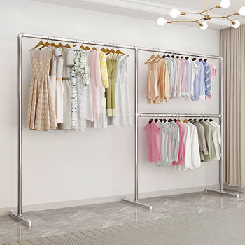 Galvanized Pipe Clothes Drying Rack Two-Layer Clothes Hanger Upper and Lower Clothes Hanger Floor-Standing Vertical New Multi-Layer Qunyu