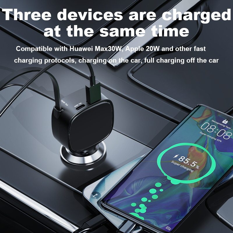 New Automatic Retractable Cord Car Charger Pd Fast Charging Car Charger Car Charger Retractable Car Charger Wholesale Customization