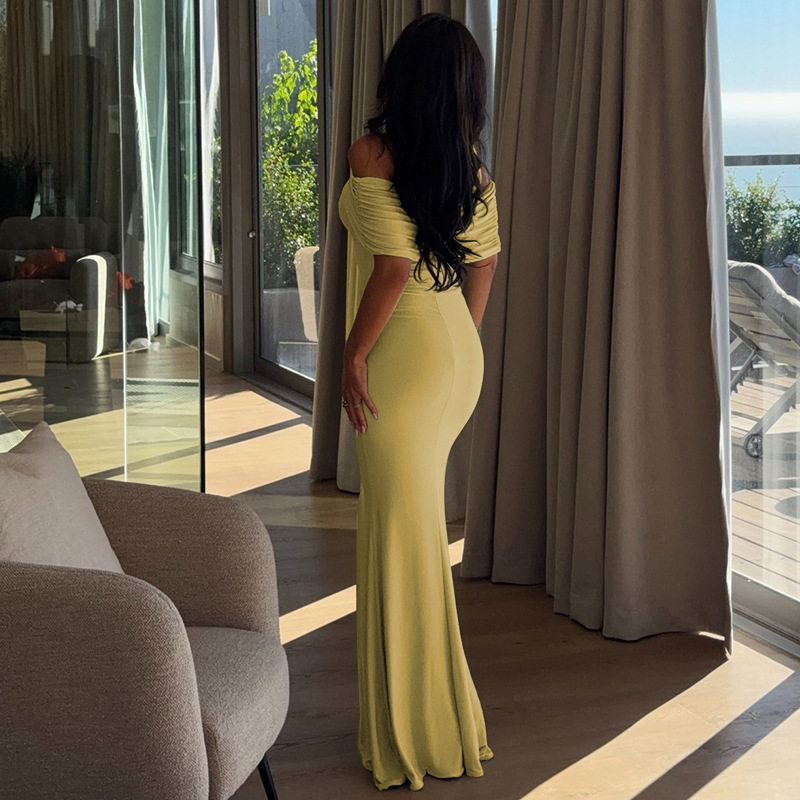 Slim Fit Solid Color Long Bodycon Dress with Asymmetrical Design Off Shoulder Neckline Split Detail Fashionable Style
