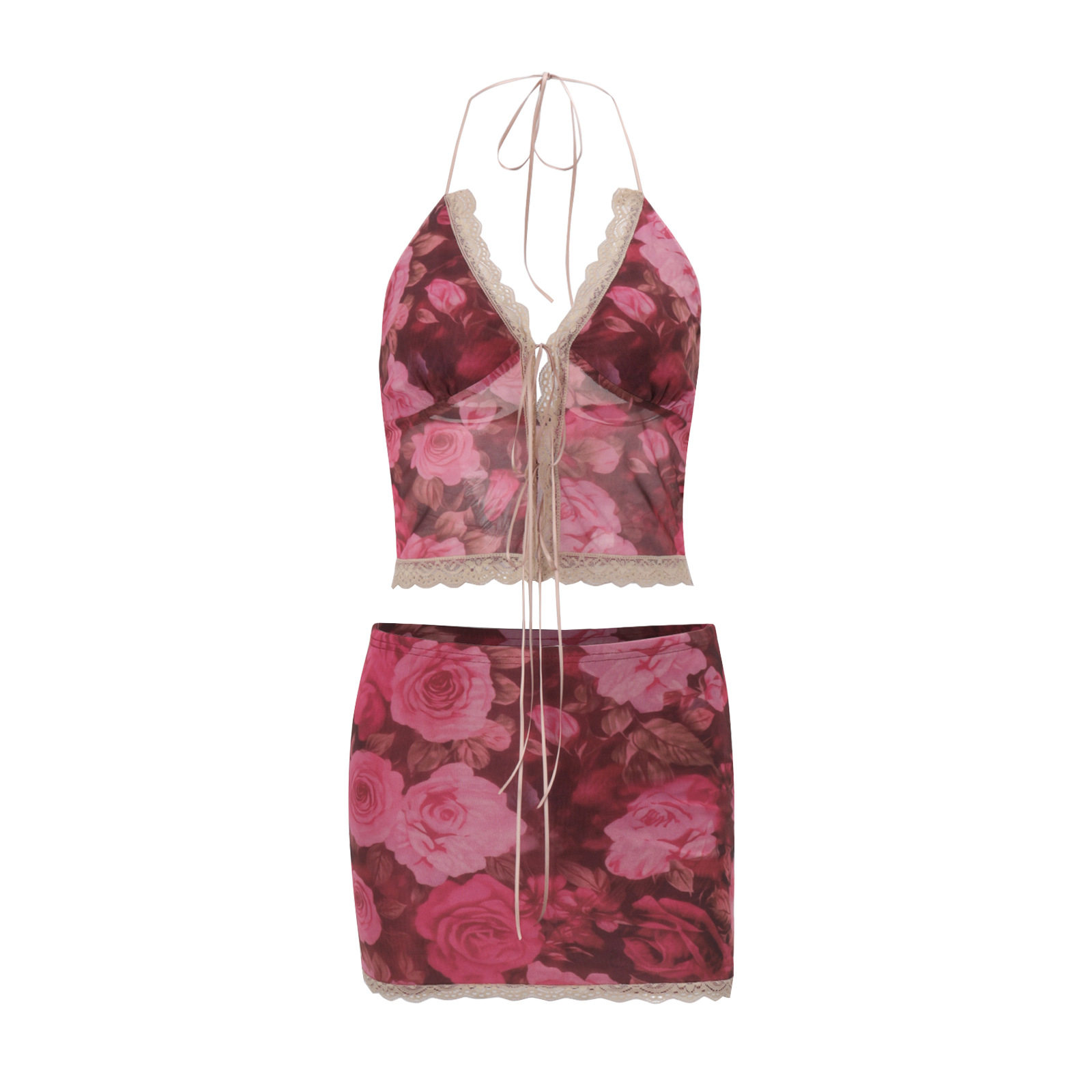 Spring Womens Fashion Set Stylish Floral Print Lace Trim Halter Neck Top Bodycon Skirt Perfect for Parties