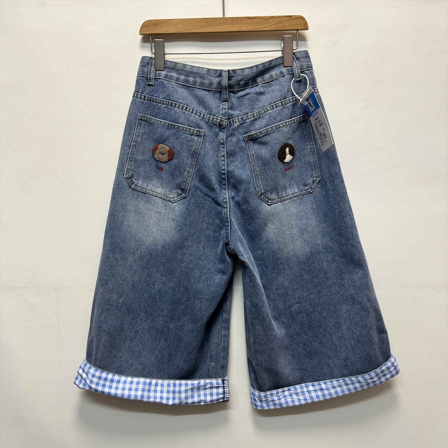 Vintage Dog Embroidery Plaid Patchwork Wide Leg Cropped Jeans for Women Relaxed Fit Stylish Design Casual Wear