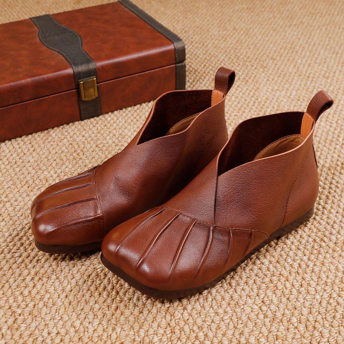 Boot nữ cổ thấp da bò thật phong cách tối giản dễ phối đồ — đen, nâu