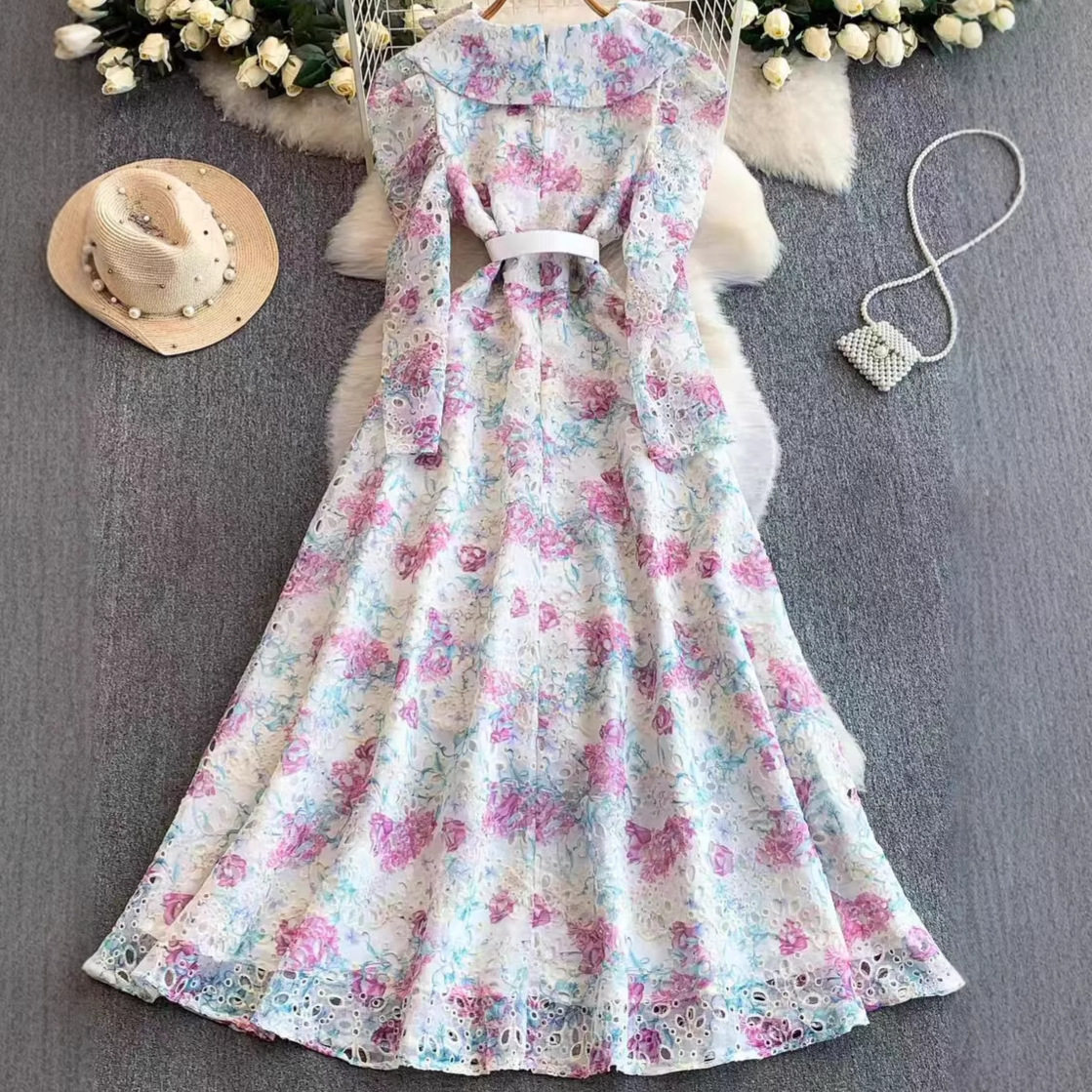 Floral Lace Long Sleeve Dress French Sweet Style Hollow Out Design Waist Defining Elegant for Spring Summer