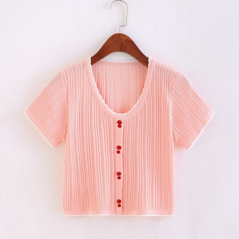 Womens Summer T Shirt Sweet Style Slim Fit V Neck Short Sleeve Ice Silk Casual Wear Low MOQ Available