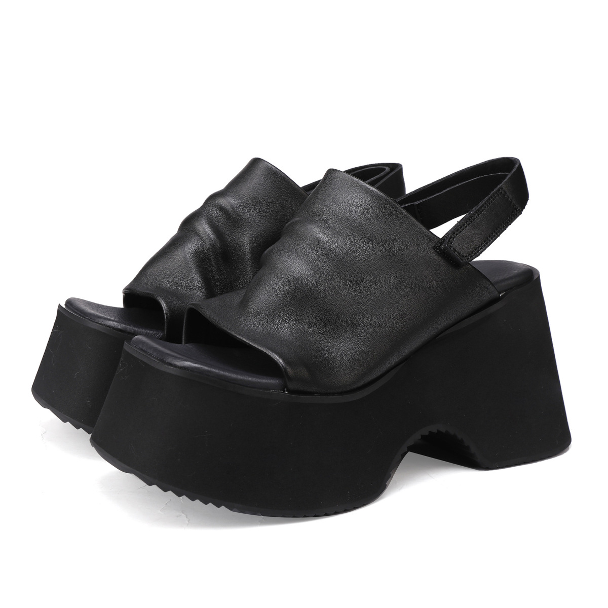 Sandal nữ quai ngang đế dày da bò mũi cá tăng chiều cao — màu đen, Xanh rêu đậm