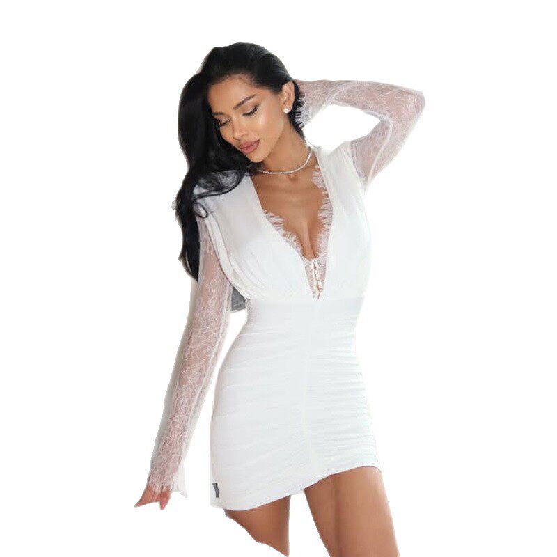 Elegant Womens Dress Solid Color Deep V Neck Lace Panel Waist Defined Slim Fit Cocktail Party or Evening Wear