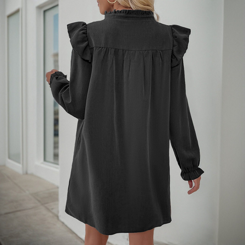 Long Sleeve Ruffle Hem Dress Loose Fit Solid Color Stand Collar Casual Wear Spring Fall Wholesale Available