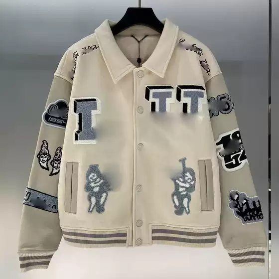 V brand's new autumn/winter collection: alphabet and cartoon-themed baseball jacket with intricate embroidery, a versatile and stylish outerwear piece for couples