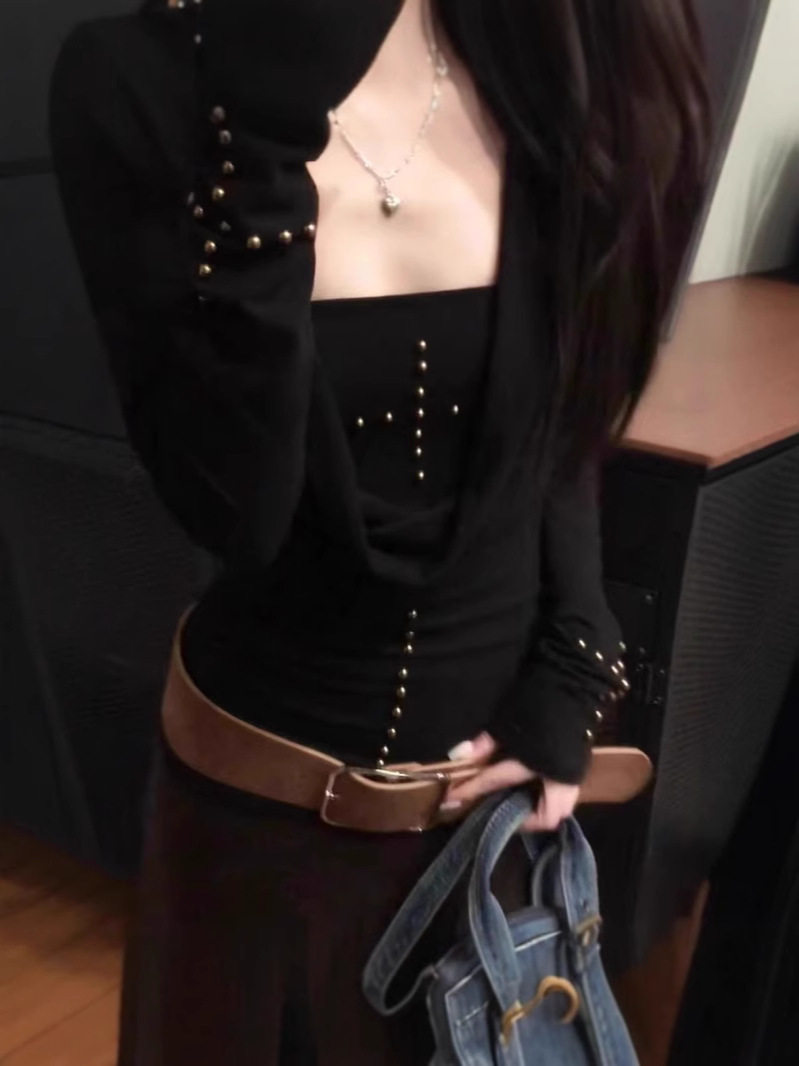 American-style Y2K Spice Girl Swing Collar Long-sleeved T-shirt Women's Spring and Autumn Black Slim-fit Rivet Top Stacked Tube Top Two-piece Suit