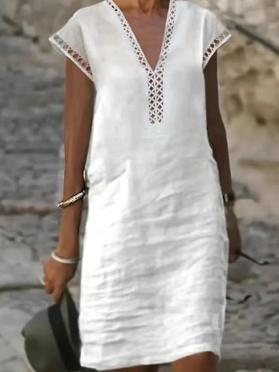 Casual Short Sleeve V Neck Dress Solid Color Hollow Out Design Summer Style Perfect for Everyday Wear Wholesale