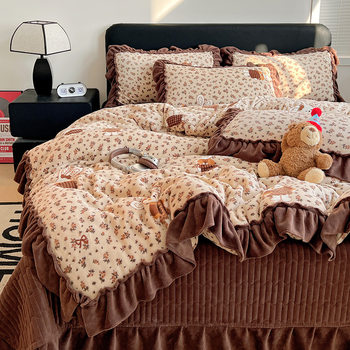Lace Milk Velvet Bed Cover Bed Skirt Four-Piece Set Winter Warm Double-Sided Velvet Bed Sheetss and Fitted Bed Sheetss Thickened Velvet Set Wholesale