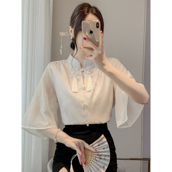 New Chinese Style Acetic Acid Jacquard Short Sleeve Shirt Women's Summer Zen Style Tassel Horse Face Skirt with Buckle Small Shirt Chiffon Top