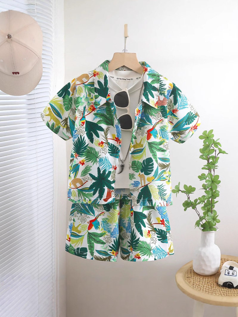 New Boys' Collared Short-Sleeve Set, Beach Hong Kong Style Printed Shirt Two-Piece, Thin Summer Vacation Outfit