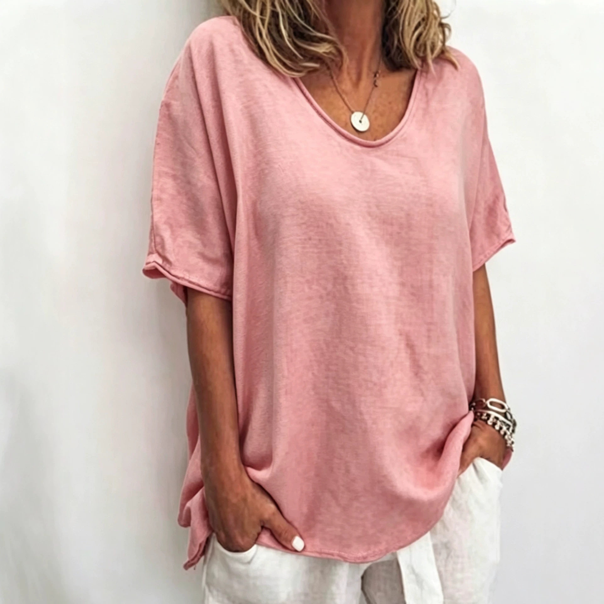 Womens Casual Loose Fit T Shirt Solid Color V Neck Short Sleeve Summer Style Wholesale Available