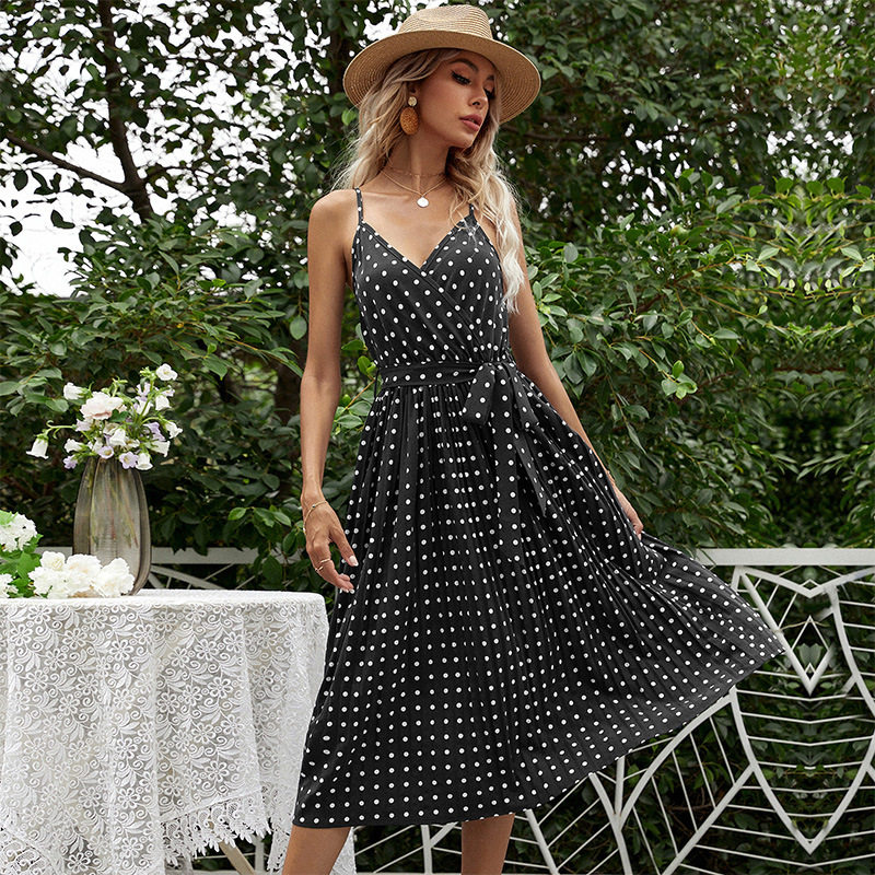 Polka Dot Midi Dress Sleeveless Tie Waist Pleated Design Casual Summer Wear Wholesale Available