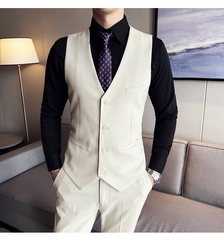 Bộ com-lê nam ba mảnh dáng ôm, áo vest một hàng khuy phong cách công sở — Màu xám (áo một nút + áo vest + quần), Màu xanh (áo một nút + áo vest + quần), Màu đen (áo một nút + áo vest + quần), Màu xanh navy (áo một nút + vest + quần)