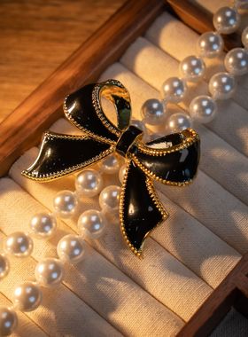 中古饰品vintage 黑色蝴蝶结珍珠长款优雅百搭时尚项链耳钉套装