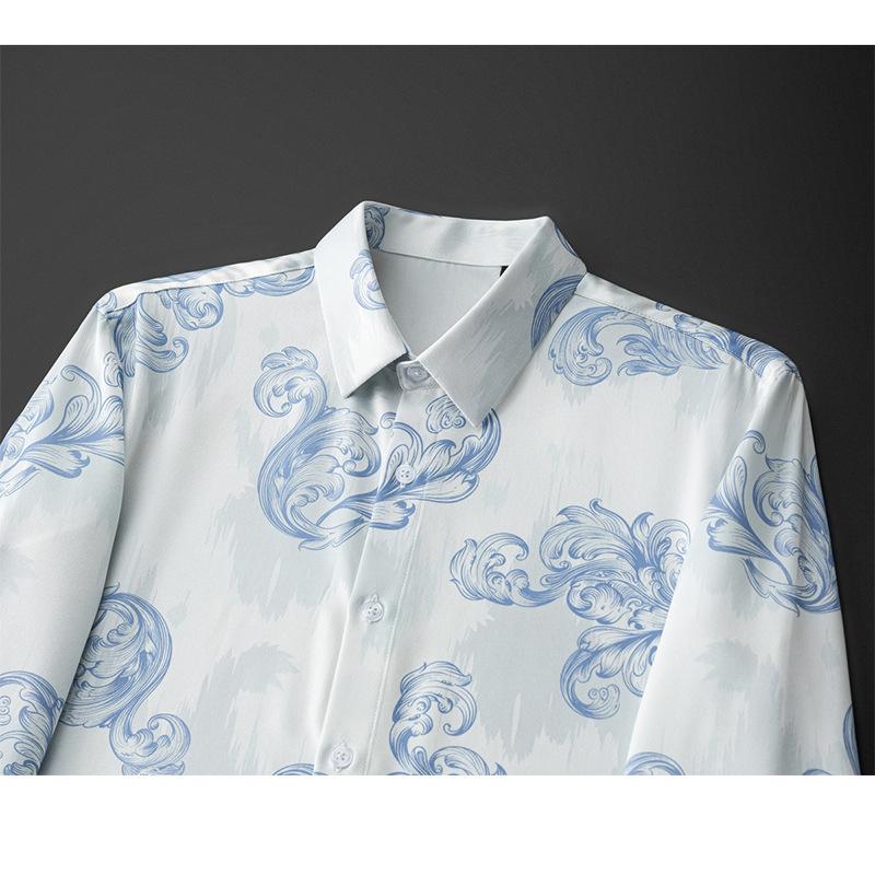 Áo sơ mi nam dài tay họa tiết hoa hồng, vải polyester không cần ủi — Màu ảnh