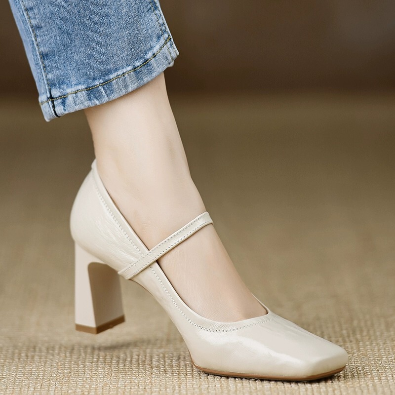 Giày Mary Jane nữ mũi vuông quai ngang phong cách cổ điển — Màu đen 5cm, Màu đen 7cm, Màu đỏ 5cm, Màu đỏ 7cm
