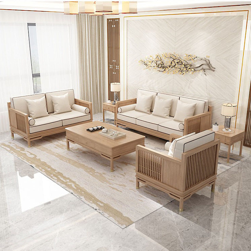 新中式全实木沙发组合白蜡木客厅小户型三人位木质布艺沙发家具