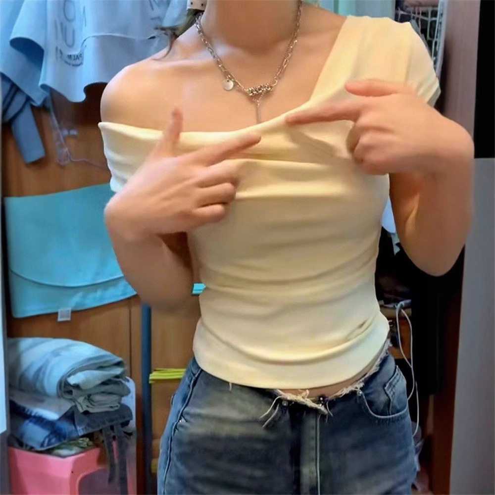 Off Shoulder Short Sleeve T Shirt for Women Summer Slim Fit French Style Sweet and Spicy Wholesale Available