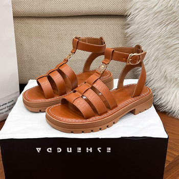 Chanel-Style Sandals for Women, Woven Single Strap, Summer Height-Increasing Thick-Soled Genuine Leather Retro Roman Flat Beach Shoes That Make You Look Taller