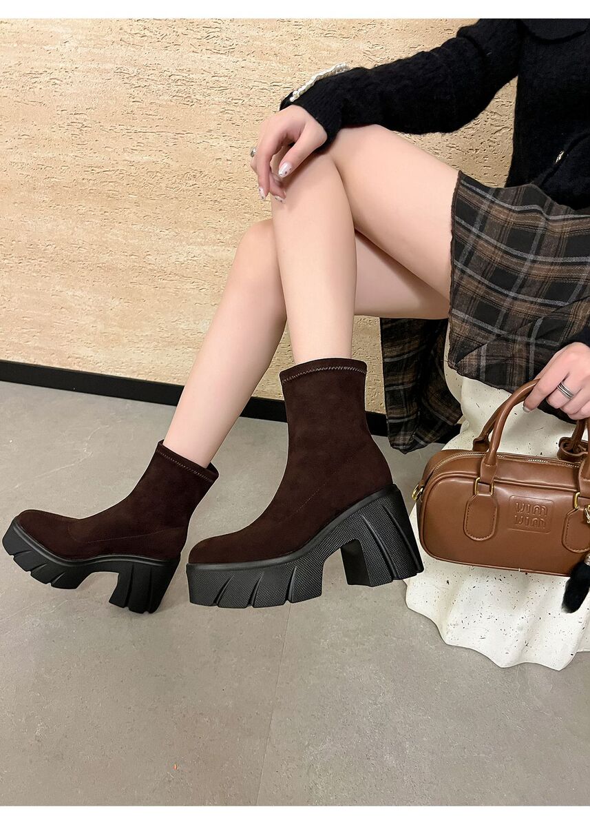 Boot nữ cổ thấp gót thô đế dày tăng chiều cao, chất liệu nhung mềm — Lớp lót đơn màu đen, Lớp lót đơn màu nâu, Lót nhung đen, Lót nhung màu nâu