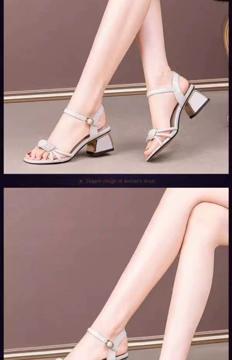 Sandal nữ gót thô hở mũi quai ngang đính đá, giày cao gót 5cm phối đồ thanh lịch — Màu trắng, Màu xanh dương