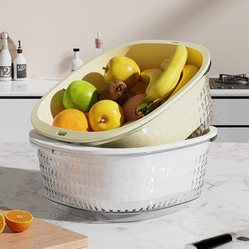 Double-Layer Vegetable Washing Basin Drain Basket Household Kitchen Cleaning Vegetables and Fruits Living Room Fruit Plate Storage Basket Vegetable Washing Basket