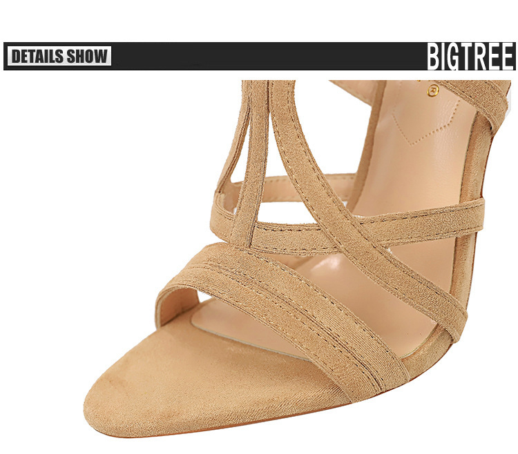 Sandal cao gót nữ gót mảnh 11cm mũi nhọn khoét lỗ phối quai thanh mảnh phong cách quyến rũ — Màu đen, Màu đỏ, Màu Kaki, Màu nude