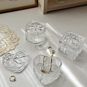 Creative Retro Bow Heart-shaped Jewelry Box Glass with Lid Exquisite Household Dressing Table Necklace Jewelry Storage Box