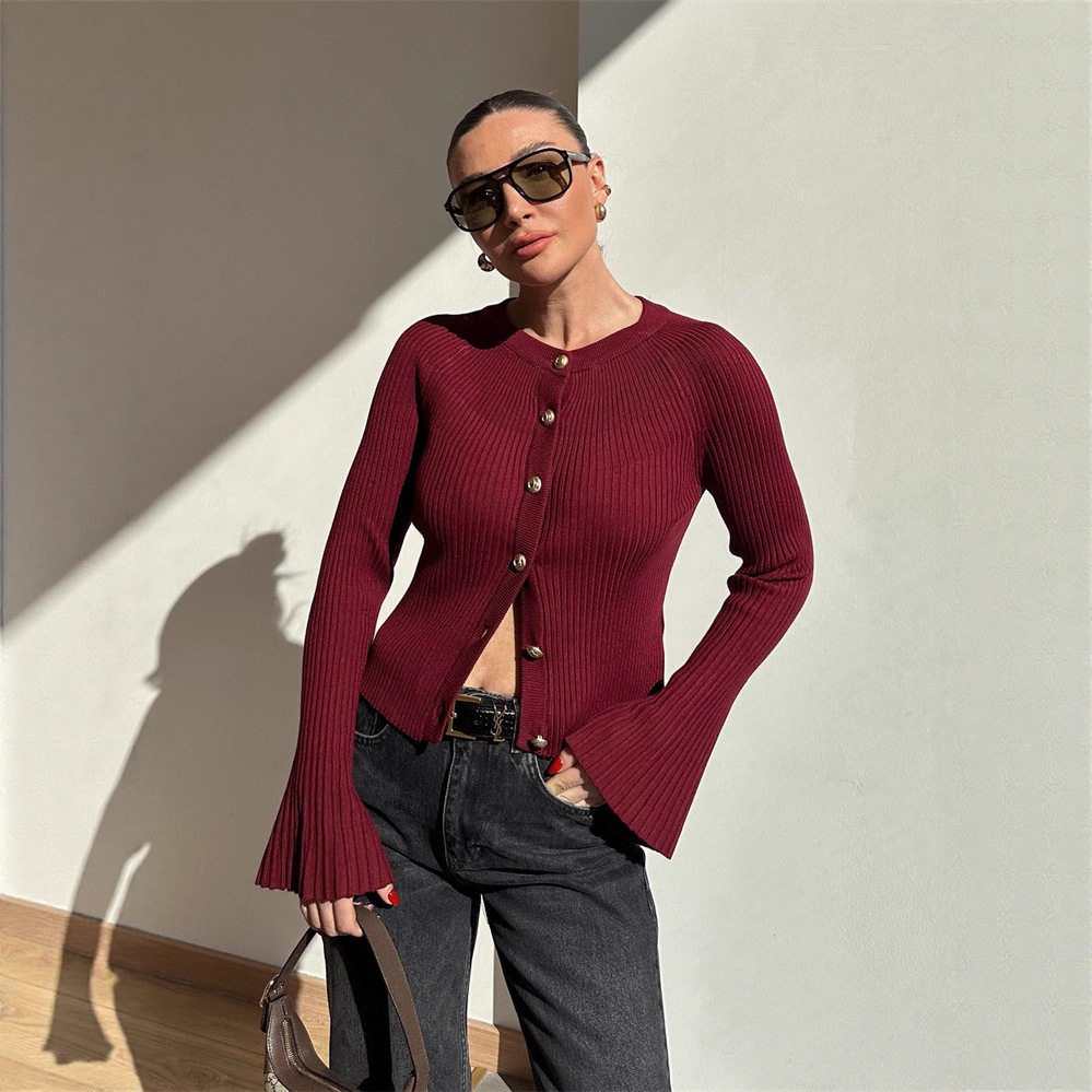 แถบแขนยาวเสื้อกันหนาวผู้หญิงสีทึบ Bottoming เกลียวด้านบน Sin...