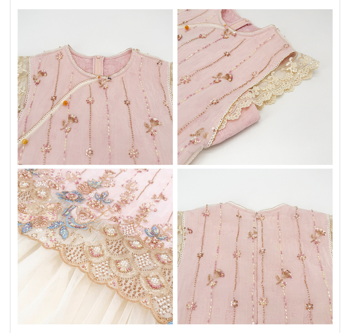 Đầm dài nữ thêu đính sequin phối ren tay cánh tiên dáng chữ A — Màu hồng nhạt